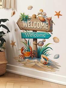 1pc 2D Flat Printed Welcome Sign With Crab, Seashell, Starfish, Seaweed, Wall Sticker, Creative DIY Self-Adhesive Removable Double-Sided Visible PVC Decal For Living Room, Bedroom, Door, Window, Glass Decoration - D - View 7