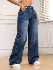PETITE Jeans de mezclilla holgados de pierna ancha y bolsillos versátiles para mujer - Negro - Ver 11