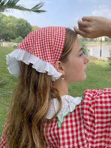 1pc Plaid Headband, Triangular Scarf Headwrap, French Country Style Lace Decor Casual Headband, Suitable For Various Occasions, Hair Band, Hair Scrunchie, Gift For Teenagers - Multicolor - View 2