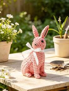 1pc Rabbit Figurine With White Ribbon - Farmhouse Style Easter Spring Home Decor, Cute Rabbit Statue For Desk, Suitable For Living Room, Bookshelf, Fireplace, Ideal Gift For Rabbit Lovers And Housewarming - Pink - View 4