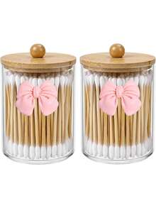 1/2/4 buah Stoples Penyimpanan Kosmetik Bening dengan Tutup Bambu, Organizer Kamar Mandi Plastik PS untuk Kapas, Cotton Bud, Spons Rias, Pisau Cukur, Aksesoris Rambut, Perhiasan & Barang Kecil, Berbagai Pilihan Paket - beraneka warna - View 2