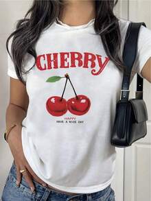 Women's White T-Shirt, Casual Short-Sleeved T-Shirt, Round Neck, Cherry Print, Casual Spring And Summer Wear,  Blouse, Casual Fit T-Shirt Style - 白色 - 查看 2