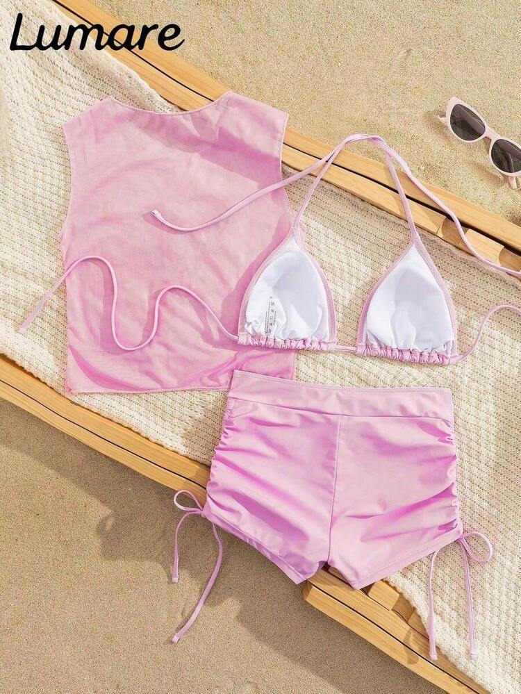Conjunto de bikini de 3 piezas/set: Top halter casual y sexy con cubierta de malla floral transparente, Bottom de traje de baño con lazos laterales, tela con estiramiento moderado, adecuado para vacaciones, playa, actividades en la piscina, fiestas en la playa, vacaciones de verano - Multicolor 4 - Añade 7