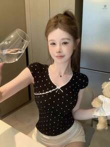 甜美可愛V領短袖法式風格T恤，夏季女上衣黑色 - 黑色 - 查看 5