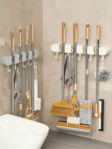 1 Set Dopamine Color Mop Holder, Wall Mounted Mop And Broom Storage Rack, No Drilling Installation, Bathroom Hanger, Multipurpose Hanging Organizer Suitable For Home, Bathroom, Garage - Great For Mops, Brooms And Long-Handle Tools - Durable Plastic Material - Multicolor - View 11