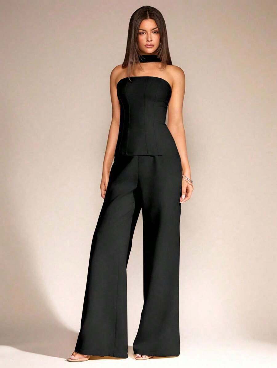 Set de 2 piezas para mujer con top sin mangas de cuello de halter y pantalones largos para el verano, estética de oficina y uso diario - Negro - Ver 1