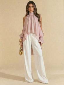 2026 Blusa elegante sin espalda de manga larga, camisa de gasa con cintura anudada y asimétrica, adecuada para fiestas, bodas, invitados, primavera, verano, otoño - Rosa vieja - Ver 5