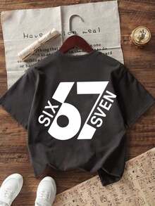 Summer Short-Sleeved T-Shirt For Boys, "67" With A Fun Digital Design. Suitable For Casual Wear, School, And Everyday Wear. - Grey - View 2