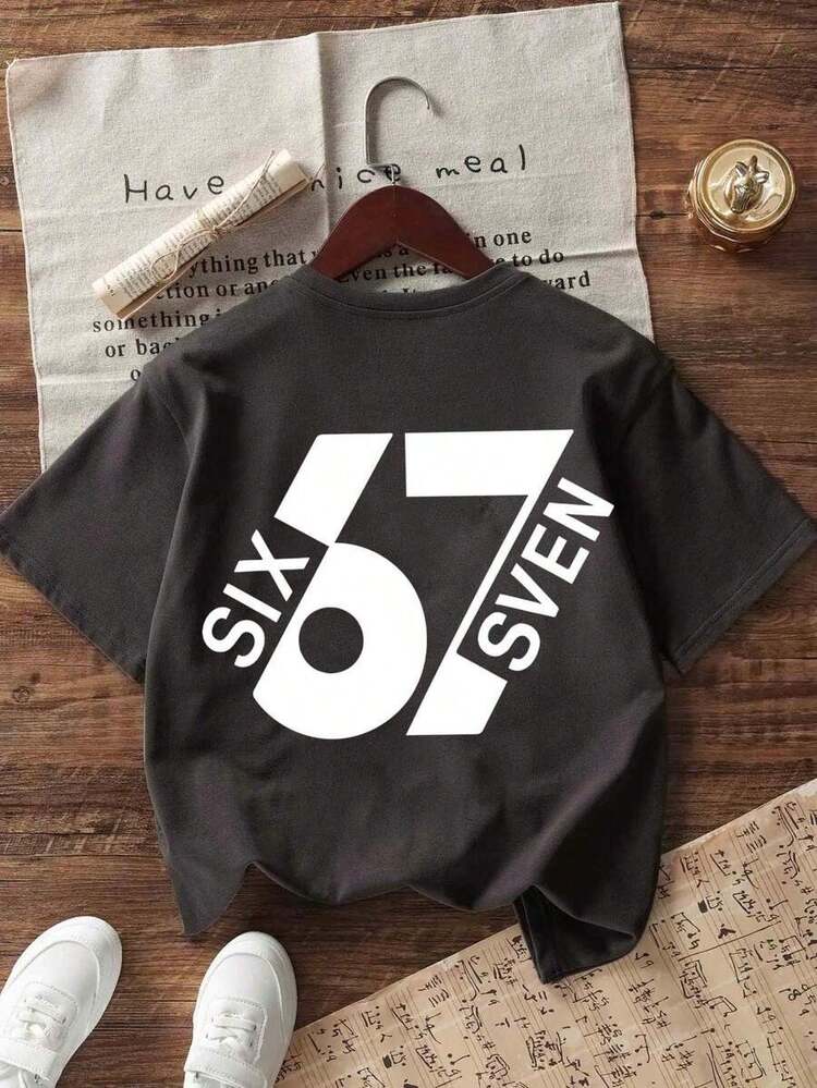 Summer Short-Sleeved T-Shirt For Boys, "67" With A Fun Digital Design. Suitable For Casual Wear, School, And Everyday Wear. - Grey - View 2