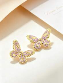 1 Pair Vintage Butterfly Stud Earrings, Lavender Enamel Wing Design With Gold Trim Stainless Steel, Elegant Jewelry, Suitable For Party, Date, Daily Wear - Multicolor - View 3
