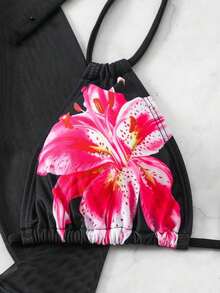 Swim Mod Conjunto de 4 piezas de verano: top halter triangular, cubierta de malla de manga larga acortada y falda corta estampada, conjunto de bikini sexy para la playa - Multicolor - Ver 6