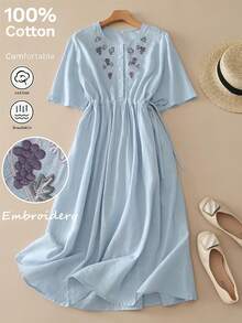 Gaun Liburan Wanita Ukuran Besar dengan Tali Serut Longgar dan Bordir Bergaya Vintage, Elegan untuk Musim Semi/Panas - Baby Blue - View 2