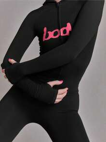 Y2K Hooded Zip-Up Crop Top & High Waist Leggings 2-Piece Set, Grey Form-Fitting Loungewear Outfit With Pink Letter Print - 黑色 - 查看 5