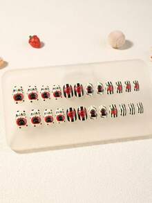 24pcs Y2K Style Kids Press-On Nails, Cartoon Black Cat & Strawberry Theme Acrylic Nail Tips, Pre-Glued Full Cover Shiny Cute Patterns Include Black Cats, Cats Hiding In Red Strawberries, Soft And Adorable; Paired With Bright Red Strawberries, Red Hearts, Black & White Stripes, Star Decorations, Minimalist Yet Stylish, Full Of Childlike Charm. Suitable For Girls Gifts, Birthday Parties And Makeup Decoration - Multicolor - View 3