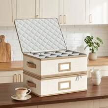 Caja para tazas con ribete cuero organizador tazas café apilable carcasa dura con divisores contenedores para tazas con tapa asas y cierre - Beis - Ver 5