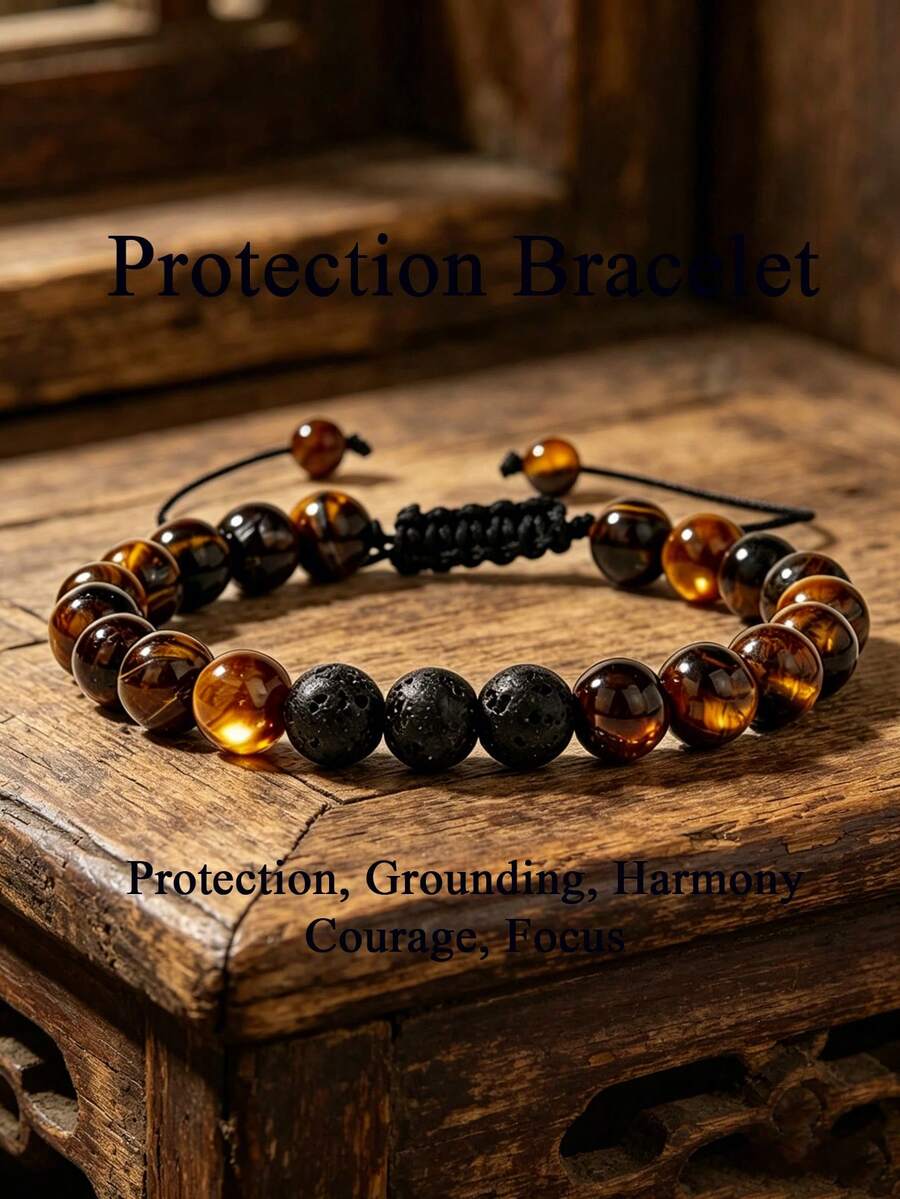 Natural Tiger Eye & Lava Stone Adjustable Bracelet Bohemian Style Vintage Men's Jewelry Gifts, For Vacation Grounding, Healing Energy, Protection - Multicolor - View 1