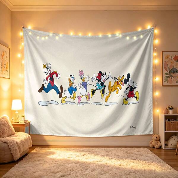 Disney Mickey & Friends Tapestry With Classic Characters (Goofy, Donald, Daisy, Minnie, Pluto, Mickey) In A Retro Walking Line Print No-Hole Backdrop, Perfect For Parties, Camping, Home Decor, Scene Setup And Gathering Displays