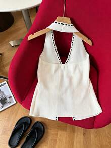 Summer Minimalist Knit White Women's Crochet Spaghetti Strap Top, Front Tie Contrast Trim, Vintage Bow Detail - White - View 4