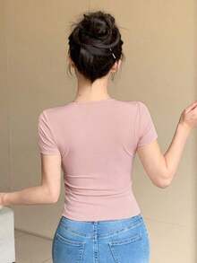 Camiseta de manga corta con bloques de color para mujer, Tops cortos para mujer, Tops lindos para mujer - Rosa - Ver 2