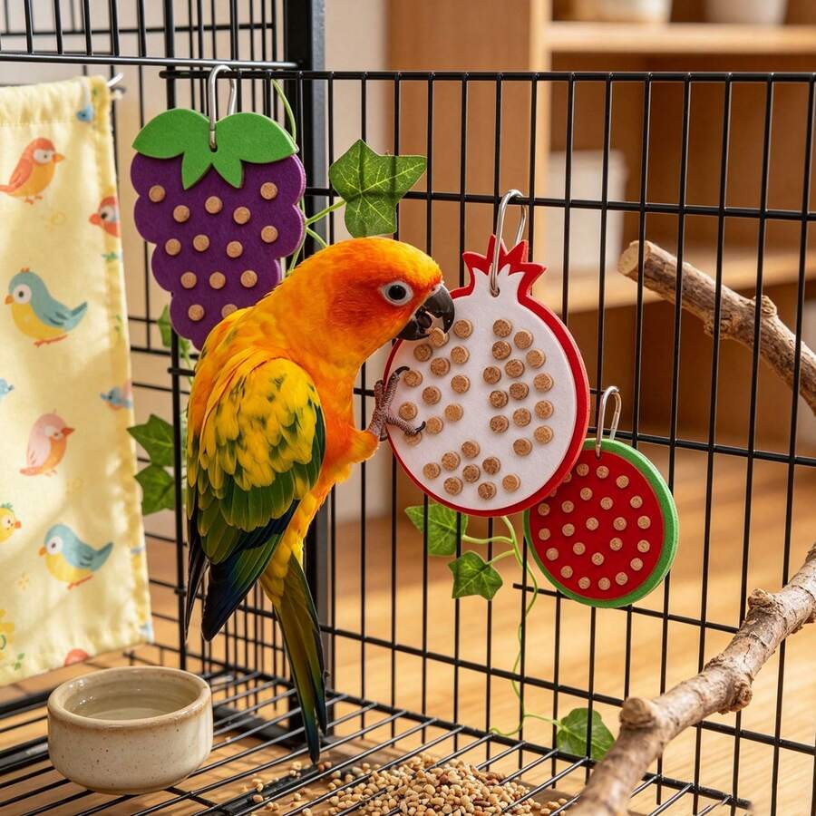 1 pièce Jouet à mâcher en forme de fruit pour perroquet, accessoire de fourragement suspendu en bois doux et feutre, ornement éducatif anti-ennui pour perruches et conures, décoration de cage - Voir 1