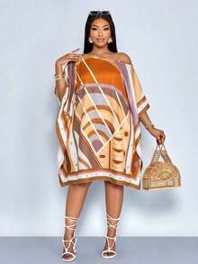 Vestido de mujer de talla para primavera y verano, elegante y para vacaciones casuales, vestido de longitud media con hombros inclinados, hombros asimétricos, pañuelo cuadrado off shoulder, vestido con patrón de rayas en bloque de color negro y blanco, impresión de posicionamiento, impresión tejida, adecuado para uso diario, compras, citas, ropa de amigas, ropa de invitados de boda, ropa de vacaciones, digno y adinerado, vacaciones de lujo tranquilo - Naranja - Ver 9