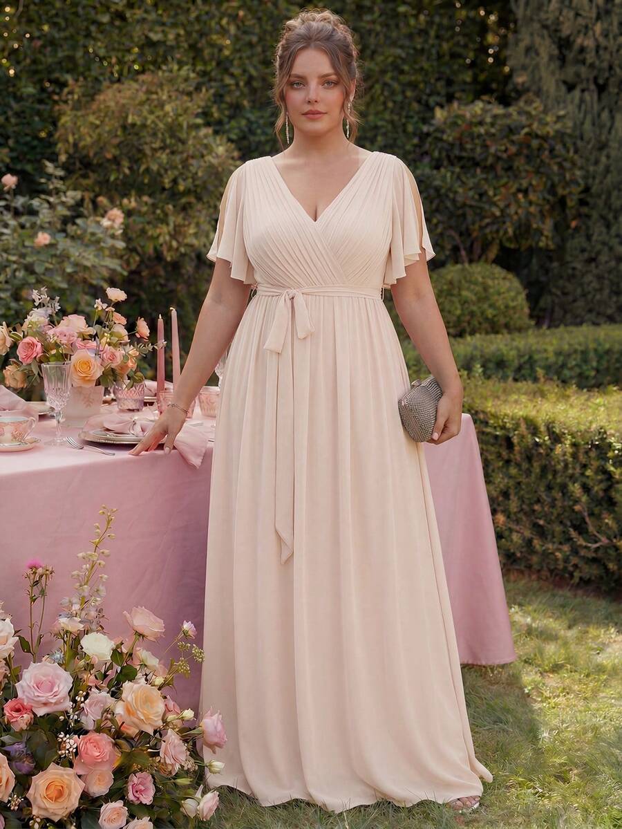 Elegant V-Neck Ruffle Sleeve Bridesmaid Formal Dress, Suitable For Wedding Guests, Brides, Mothers, Vacation In Summer Party - Apricot - View 1