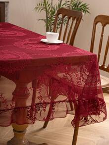 1pc French Elegant Floral Lace Trim Tablecloth, Countryside Fresh Decor - Burgundy - View 6