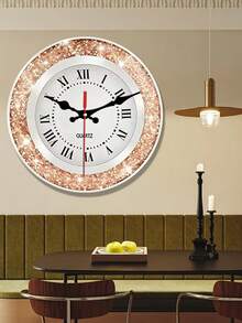 1pc 2D Flat Rose Gold Diamond Roman Numeral Pattern Round Wall Clock - Suitable For Bedroom, Living Room, Office, Kitchen And Bathroom Decor - 12/14 Inches (Batteries Not Included) - Multicolor - View 1
