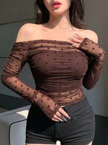 Blusa elástica de malla transparente con hombros descubiertos, para primavera/verano - Marrón 2 - Ver 3