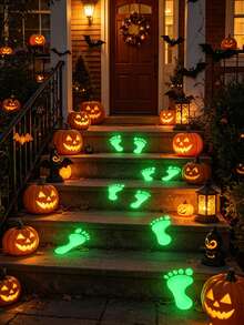 18pcs Glow-In-The-Dark Footprint Floor Stickers, Removable Glowing Footprint Wall Decals, Halloween Decorations, Halloween Party Supplies, Waterproof Stickers, Suitable For Walls, Stairs, Ceilings, Removable Glow-In-The-Dark Footprint Stickers For Guiding Flow And Path Marking - Multicolor - View 2