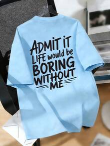 Tween Boy-Slogan Print T-Shirt, Suitable For Boys Outdoor Sports, Boys Spring/Summer Casual Versatile Top - Baby Blue - View 5