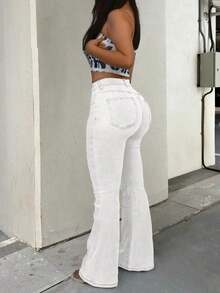 GILIPUR Jeans acampanados y desgastados estilo Y2K para mujer, de unicolor, cintura alta, ajuste delgado, elegante y casual, de mezclilla azul lavada elástica y de larga duración, para uso urbano en primavera - Blanco - Ver 2