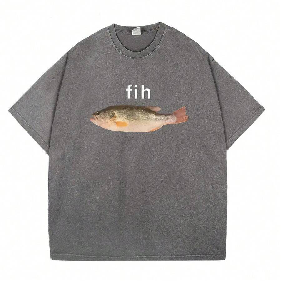 Camiseta vintage lavada con divertido de Fih Fish - Gris - Ver 1