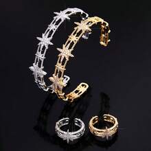 Bộ 2 chiếc vòng tay và nhẫn đính đá hình ngôi sao, mạ vàng/bạc cao cấp, có thể điều chỉnh kích cỡ, thích hợp cho tiệc tùng và trang sức hàng ngày. - Bạc - Xem 2