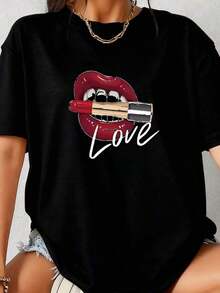 Funny Lipstick Design T-Shirt-1 - Black 1 - View 2