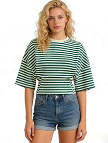Camiseta casual de verano para mujer con cuello redondo, mangas medianas, rayas y cintura con cordón - Verde - Ver 4