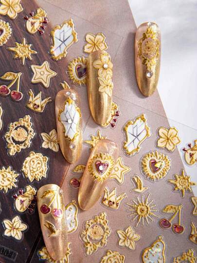 Calcomanías de uñas 3D con lámina de oro - Flores, hojas, frutas con efecto láser estilo INS, pegatinas de uñas de dibujos animados divertidas, pegatinas de uñas en relieve, pegatinas de uñas autoadhesivas para mujeres, efecto 5D en relieve, lindas e interesantes, tema exquisito, decoración de uñas DIY fácil, regalos para fiestas, pegatinas de estilo de fiesta, pegatinas para decoración de tazas de agua y teléfonos