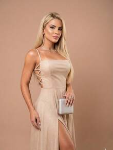 Gabi Dress With Sparkling Tulle And Crossed Side Detail - Champagne - View 2