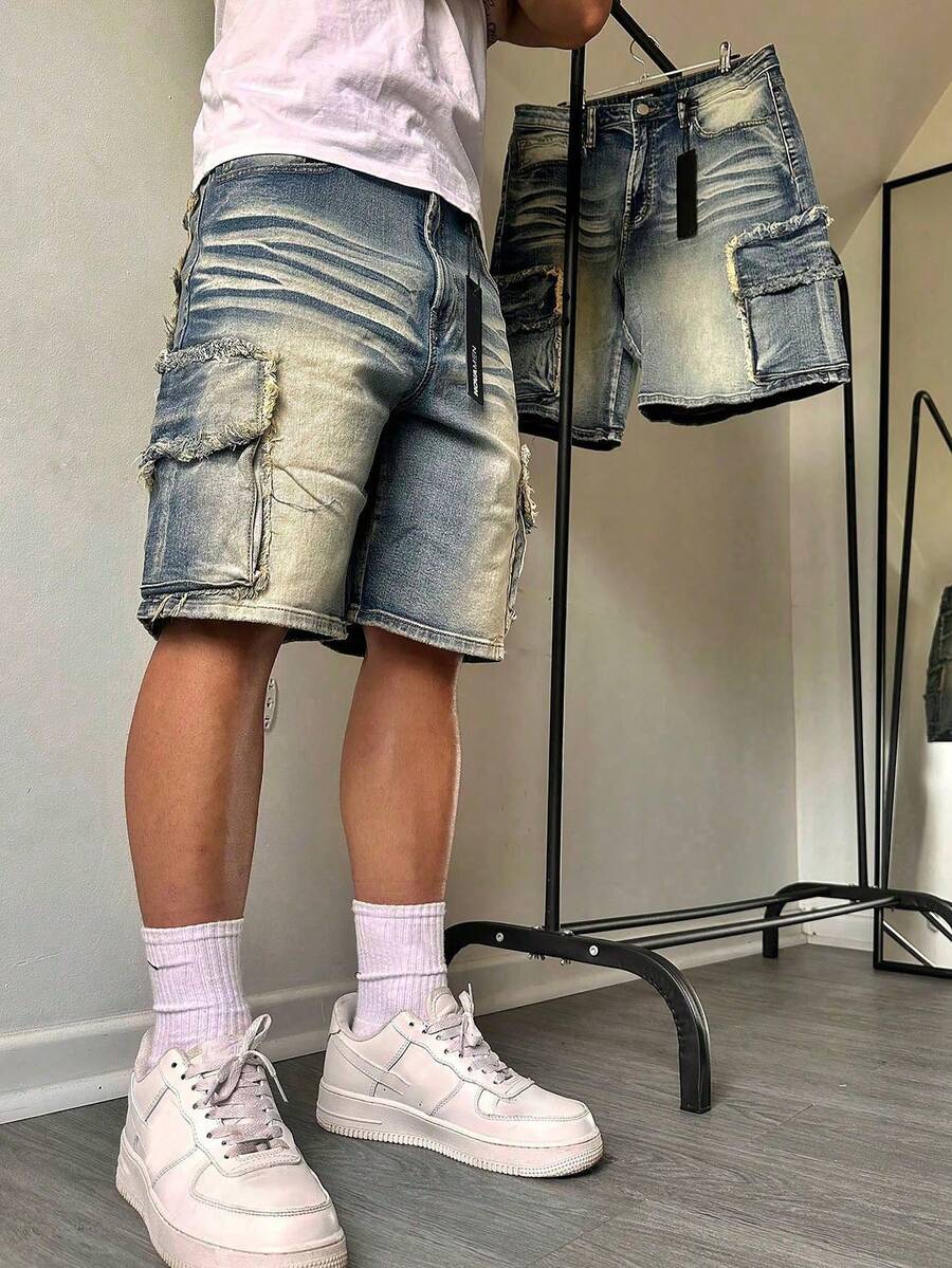 Quần short denim nhiều túi kiểu vintage cho nam, quần short Bermuda ống đứng rộng rãi mùa hè, quần jeans phong cách đường phố thường ngày, đa năng cho việc đi lại hàng ngày và phong cách đường phố. - Màu xanh lam - Xem 1