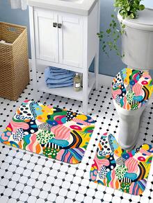 1/4pc Abstract Art Shower Curtain Set, Multi-Color Pop Art Print Bathroom Decor, Bathroom Curtain, Bathroom Accessories Including U-Shaped Mat, Toilet Lid Cover, 70.87X70.87 Inch Shower Curtain With Hooks, Modern Abstract Bathroom Decor - A - View 7