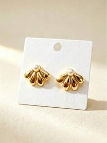 Niche Designer Fan-Shaped Faux Pearl Petal Stainless Steel Earrings, 304 Stainless Steel Hypoallergenic, Waterproof, Sweat-Proof, Suitable For Vacation Travel Summer Street Style/Daily Commute Versatile Jewelry/Graduation Season Beach Outing Picnic Wear/Wedding Banquet Birthday Celebration Holiday Party Occasions/Father's Day Mother's Day Perfect Gift/Summer Seaside Beach Play Eye-Catching Accessory, Perfect Match For Seaside Beach/Non-Fading Ear Piercing Care Suitable For Gifts To Best Friends, Girlfriends, Birthdays, Mother's Day, Graduation Season - Multicolor - View 7
