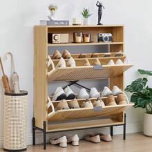 Fluted Shoe Cabinet With 2 Flip Drawers, Slim Freestanding Hidden Shoe Cabinet Organizer, Narrow Shoes Storage Rack For Entryway (-2 Drawers, 9.45" D X 31.5" W X 41.93" H) - View 4