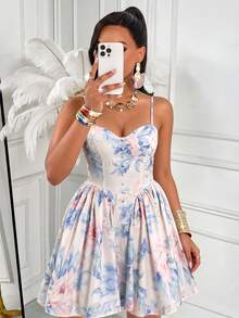 AIJ Amarilo Women's Elegant Sexy Party Fitted Mini Dress, With Non-Slip Striped, Ruched Button Ruched Design Spaghetti Strap Sleeveless, Suitable For Beach Vacation, Summer Outing And Daily Wear - Pink and Blue Flowers - View 6