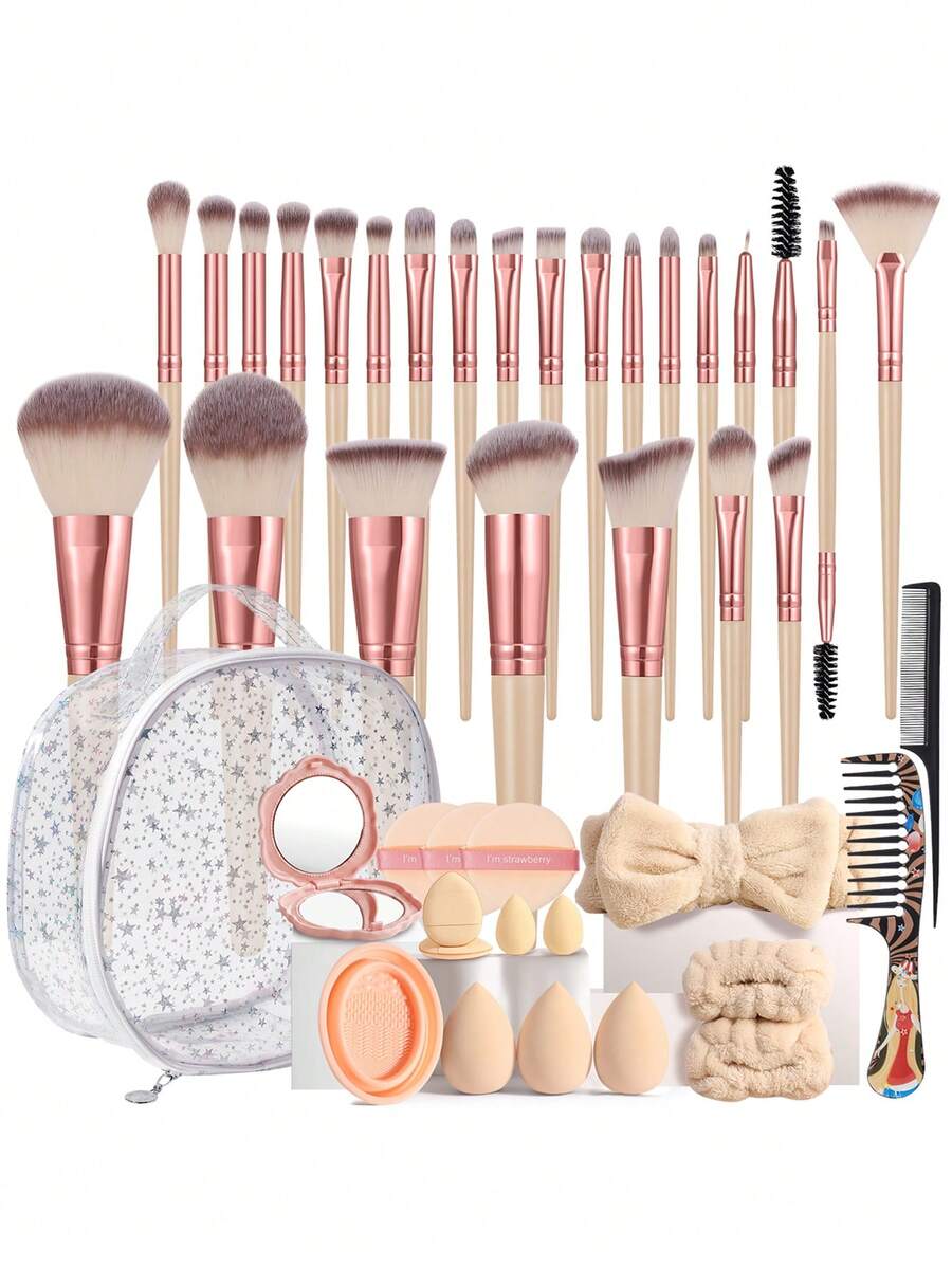 Beige & Rose Gold 44PCS All-In-One Makeup Tools Kit 25 Premium Cosmetic Brushes Beauty Sponges Powder Puffs Mirror Hairband Comb & Starry Pattern Makeup Bag Portable Travel Cosmetic Set - Multicolor - View 1