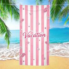1pc Oversized Soft Pink & White Vertical Stripe Design With Starfish, Shell & Palm Leaf Elements, Romantic Vacation Slogan Lettering, Atmospheric - A01 - View 2