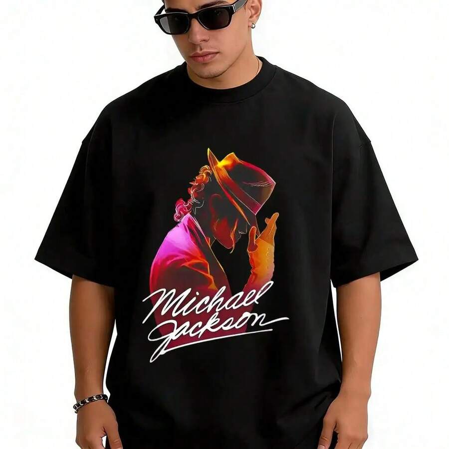 Nueva playera de manga corta oversize para hombre, estampada casual 100% algodón de  Rey del Pop, estilo retro y musical, perfecta para conciertos temáticos, reuniones con amigos, salidas nocturnas, viajes y uso cotidiano, básica imprescind - Blanco - Ver 1