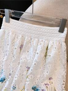 High-Waisted Elastic Skirt With Embroidered Lace And Water-Soluble Print - 藍色 - 查看 6