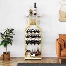 Rustic Freestanding Metal Wine Rack Table – Multi-Functional Bottle & Glass Holder Stand With Wood Countertop, Storage Shelves – Perfect For Home, Kitchen, Dining, Living Room – Compact Design - Gold - View 8