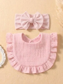 Set de 6 piezas de diademas para bebé de unicolor de verano con moño grande, baberos y paños de eructo suaves y amigables con la piel con volantes lindos, set de accesorios de colores múltiples para recién nacidos - Multicolor - Ver 6