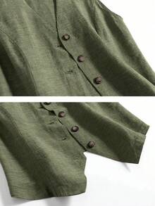 Chaleco de lino casual para mujer, estilo corto para primavera y verano - Verde militar - Ver 6
